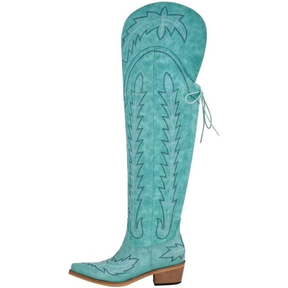 Women Turquoise Polyurethane Over the Knee Adjustable Thigh High Cowgirl Boot - Picture 1 of 5